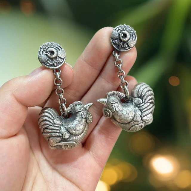 银之酷 足银耳饰 足银大吉大利耳环手工空心女复古做旧民族风小众