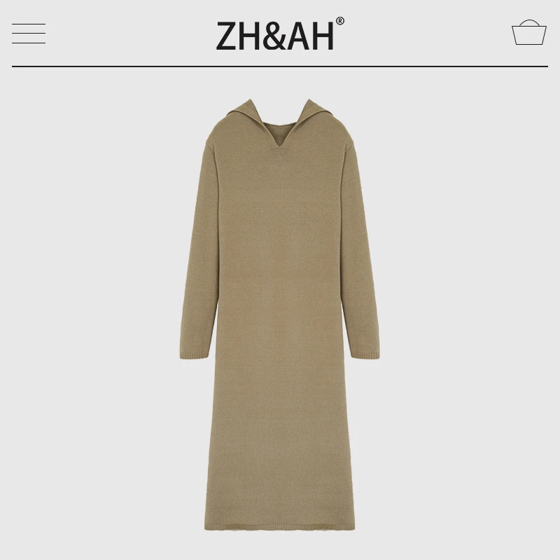 ZH&AH孕期穿搭冬季新款时尚气质百搭纤绒纱简约加厚连帽毛衣裙