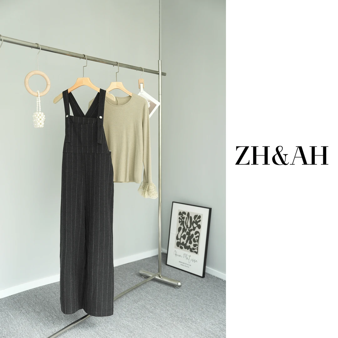 ZH&AH【静谧时光】春季新款时尚气质百搭真两件桑蚕丝背带裤套装