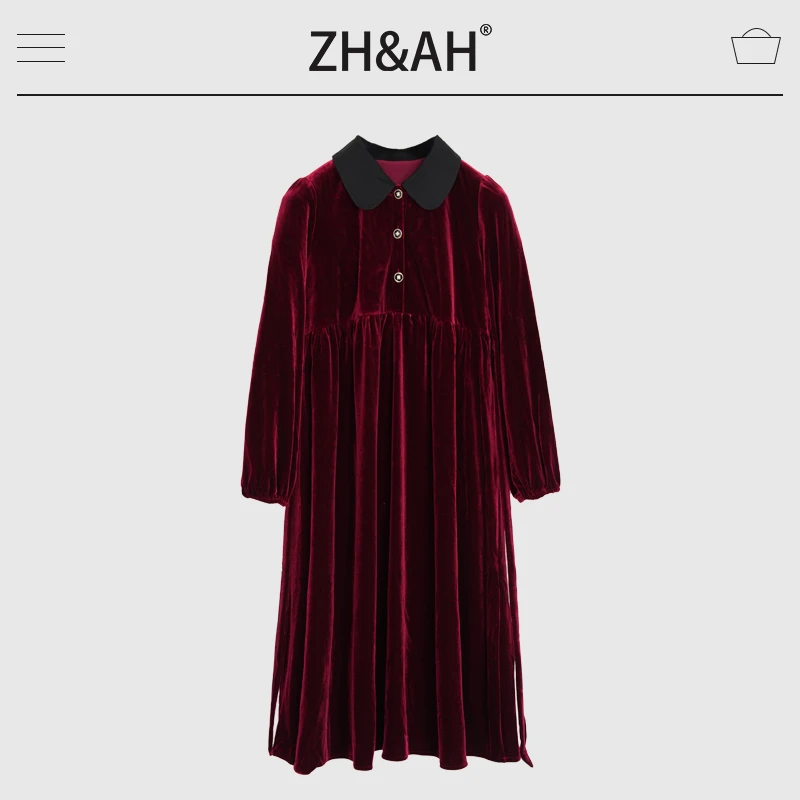 ZH&AH孕期穿搭冬季新款优雅气质显瘦时尚简约法式复古翻领丝绒裙