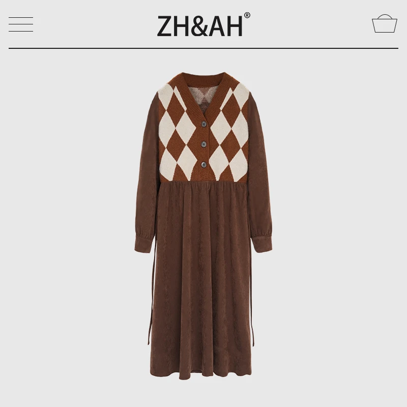 ZH&AH孕期穿搭冬季新款时尚气质百搭北极绒拼接经典菱格拼接裙