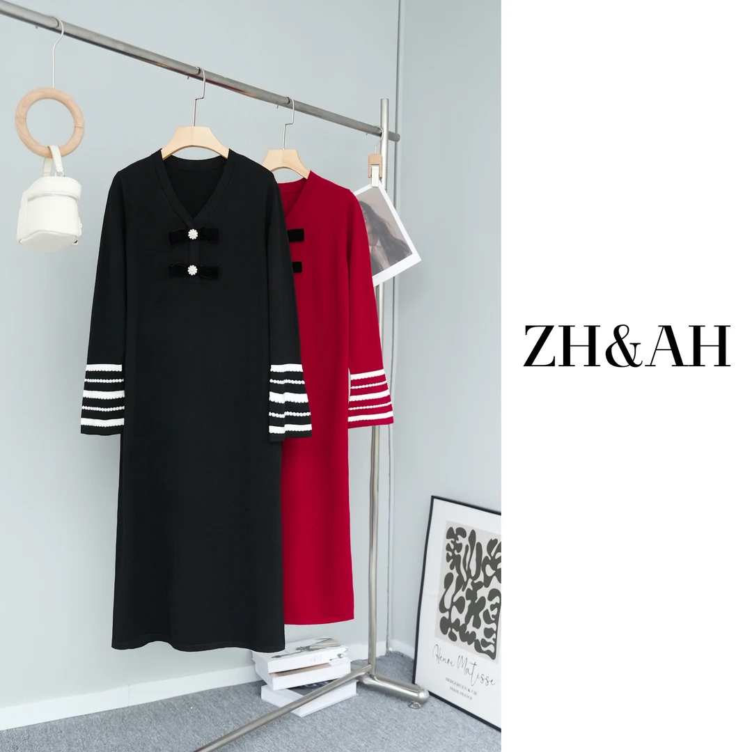 ZH&AH秋季新款时尚气质百搭设计感孕期纤绒纱毛衣V领蝴蝶结连衣裙