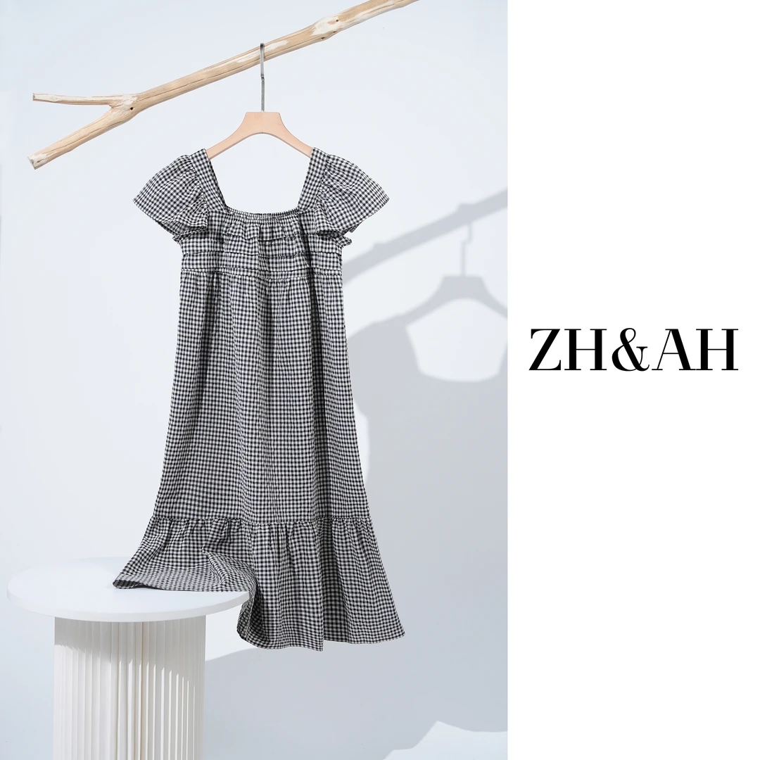ZH&AH【复古格子】夏季新款时尚气质百搭格子孕期通勤小飞袖连衣裙