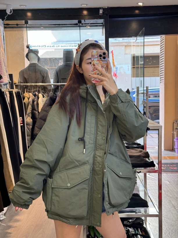 连帽口袋棉服男女同款休闲宽松中长款加厚韩版军绿色防风