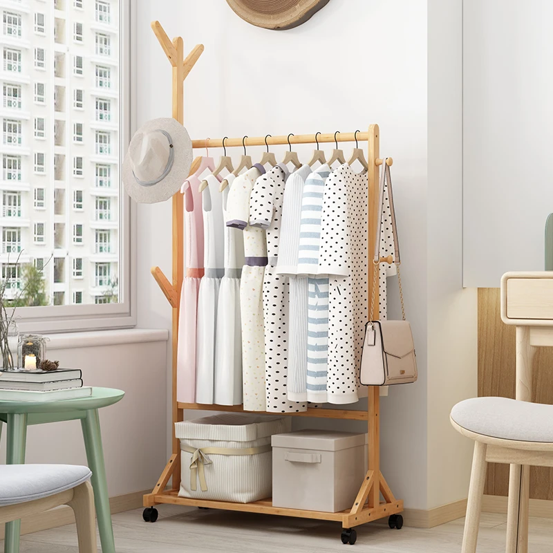 福思源落地家用衣帽架简易可移动轻奢房间多功能楠竹衣服架
