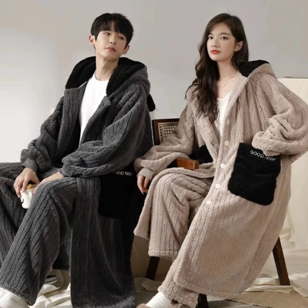 秋冬情侣睡袍衣女士法兰珊瑚绒浴袍大码男士可外穿加大加长肥长裤