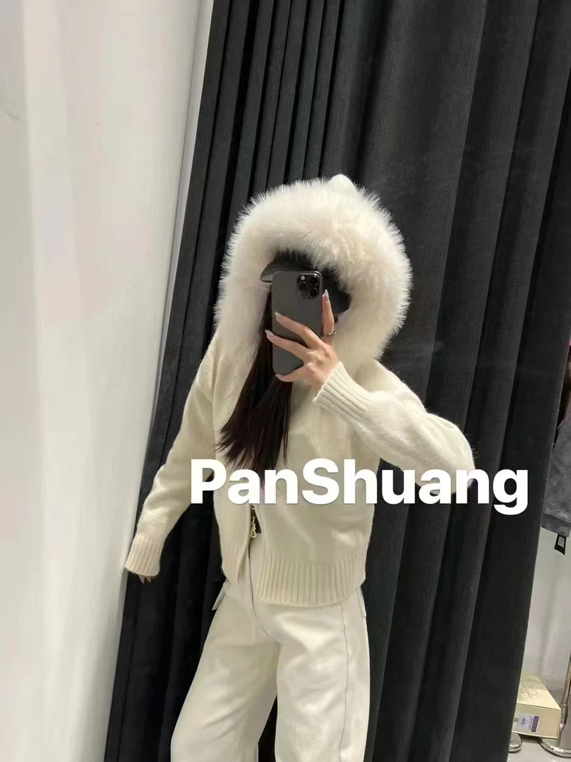 大萍子家连帽短款针织开衫大毛领秋冬气质上衣网红