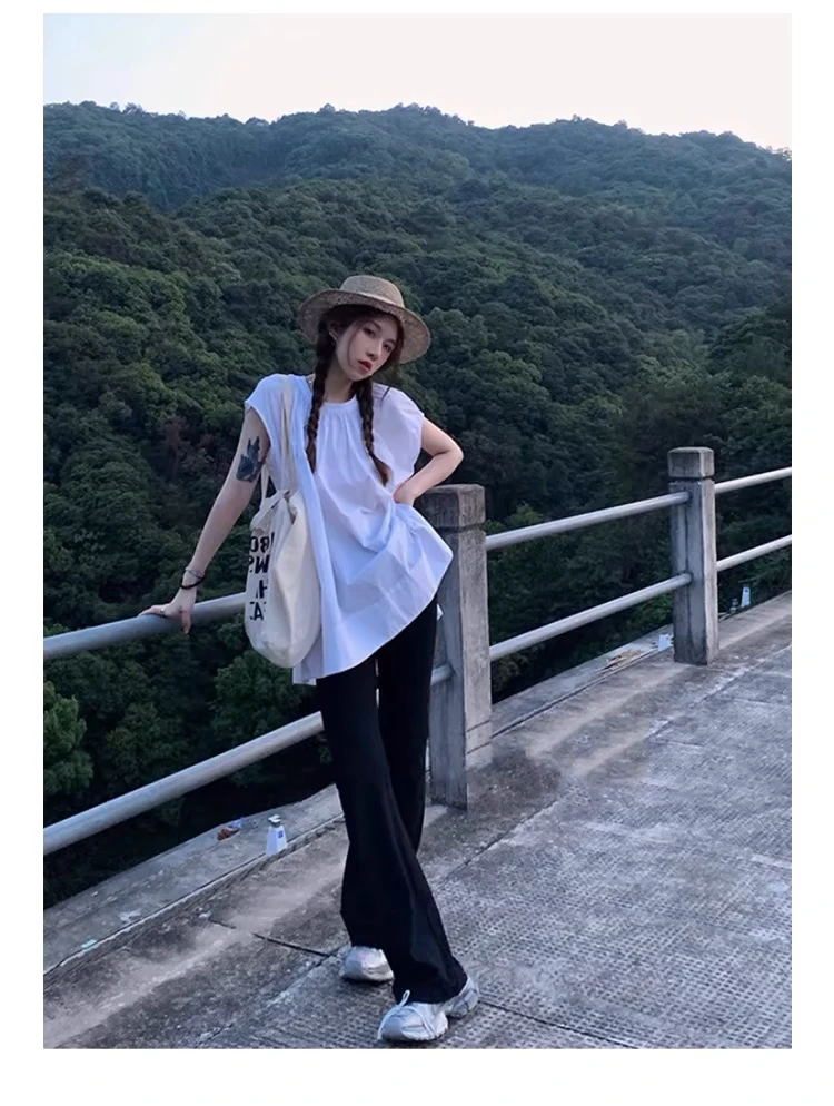 欧美街头高腰修身显腿长松紧腰弹力包臀纯色喇叭裤休闲裤女潮