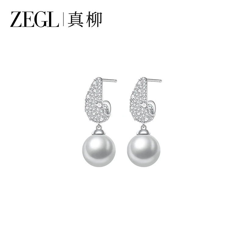 ZEGL 铜合金耳饰 小兔牙-真柳法式豪镶灰贝珠耳环ZS56311