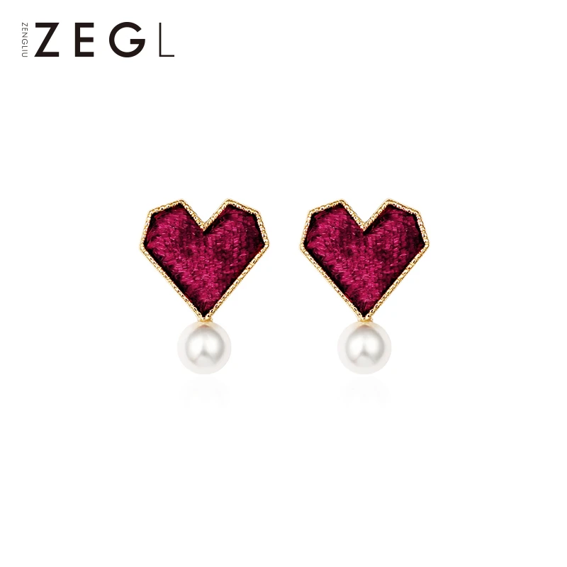 ZEGL 合金耳饰 红色爱心桃心形耳环耳钉气质韩国简约百搭个性耳饰