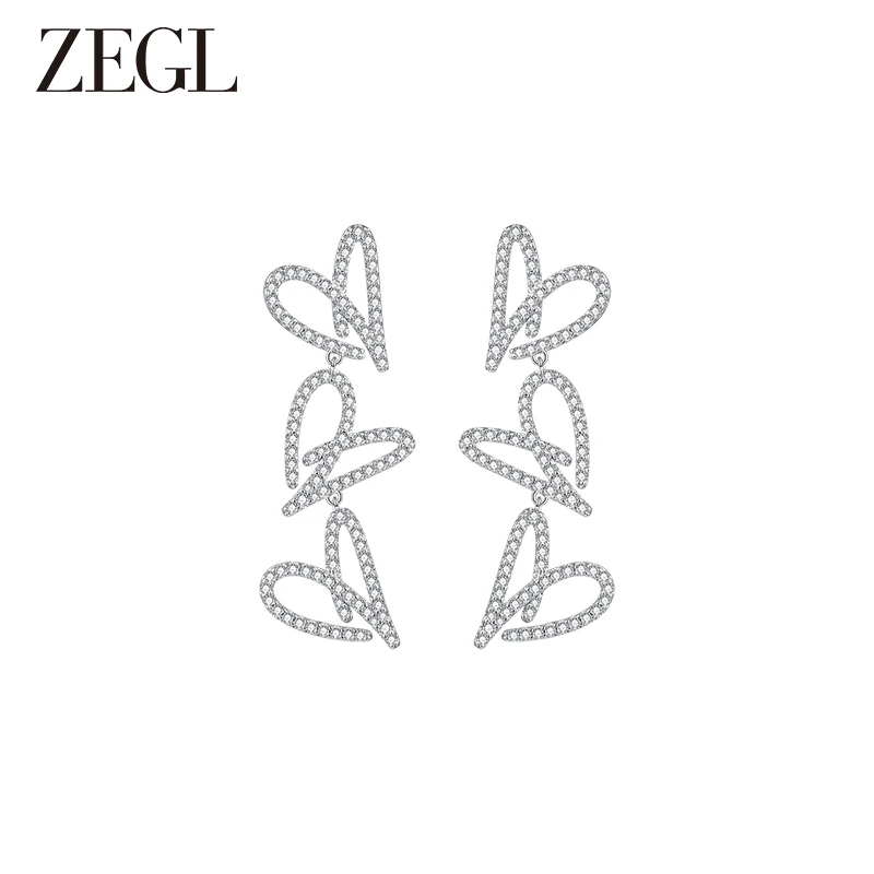 ZEGL 铜合金合成锆石耳饰 三个爱心耳环时尚气质轻奢百搭法式小众