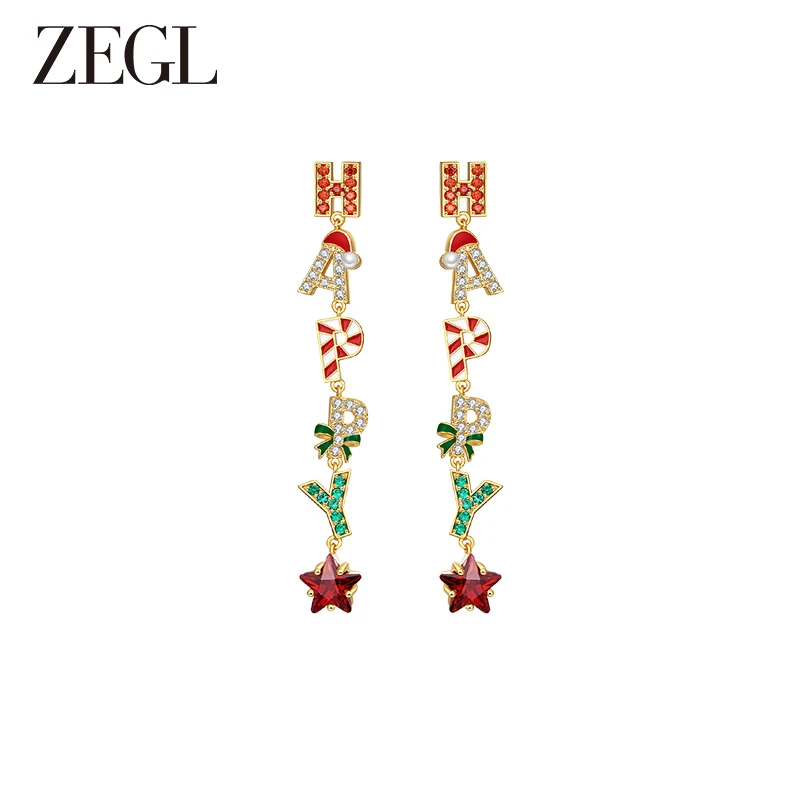 ZEGL 铜合金合成锆石耳饰 设计师款HAPPY星星ins轻奢耳环气质时尚