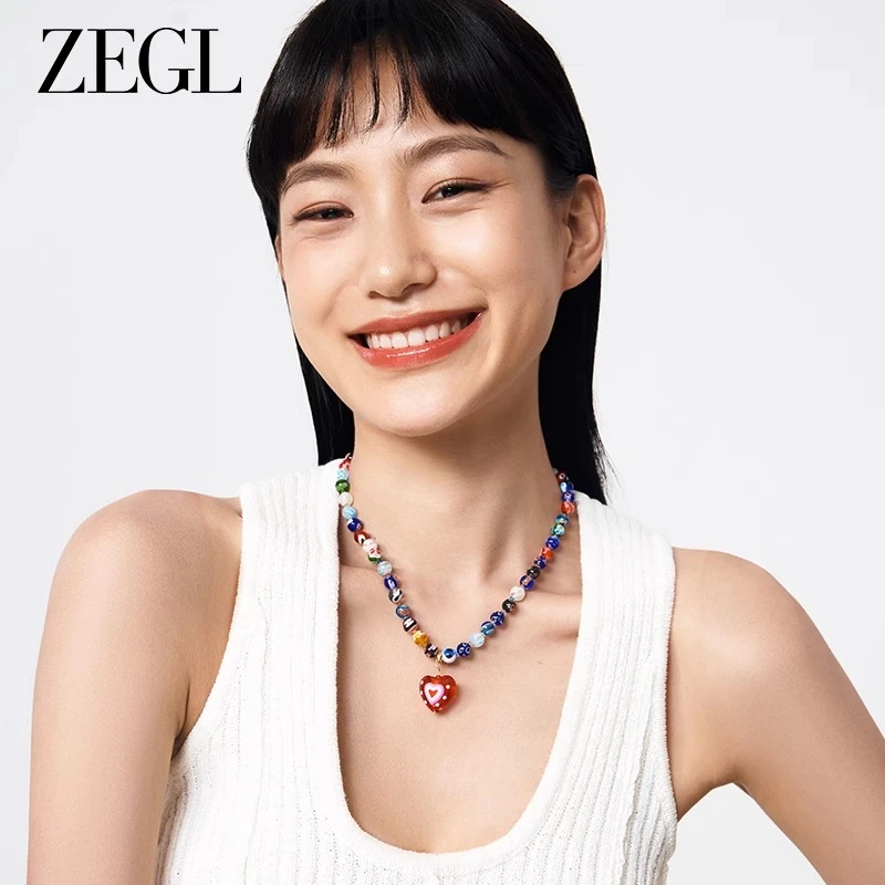 ZEGL 铜合金项链 【ZEGL夏日折扣】爱心彩串项链简约轻奢百搭饰品