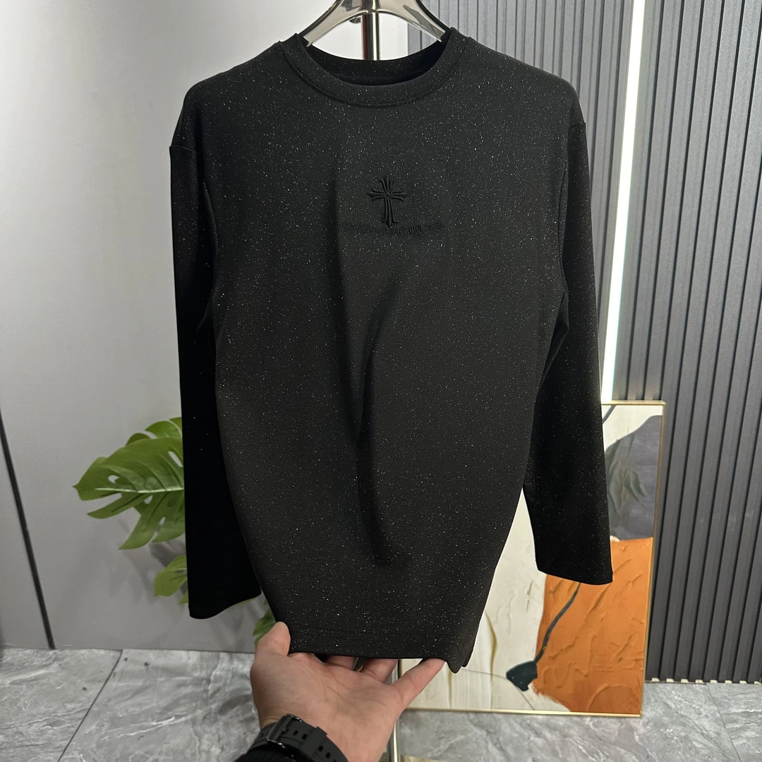 秋冬新款满天星刺绣字母长袖T恤简约时尚百搭纯色圆领男士打底衫
