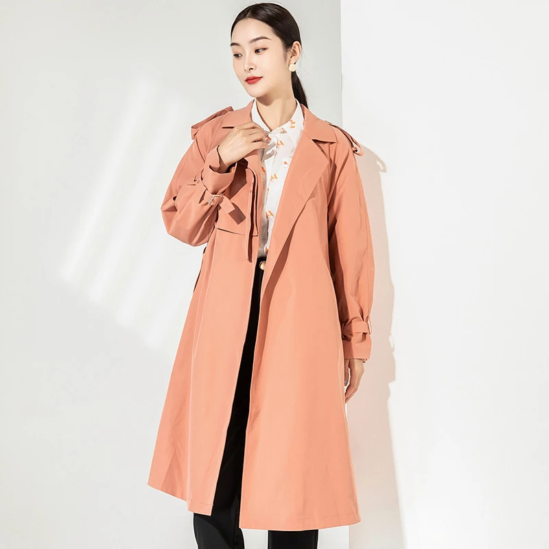 时尚翻驳领中长款风衣秋季气质通勤收腰长袖女式外套IA025017