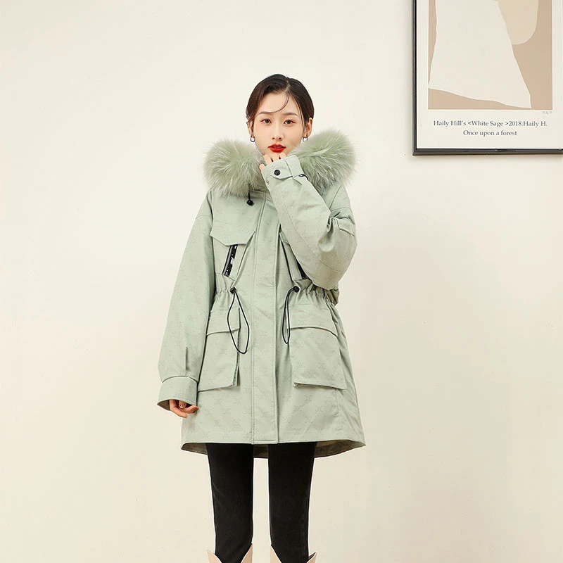 工装风大口袋抽绳收腰加厚保暖白鸭绒女式羽绒服HD180113