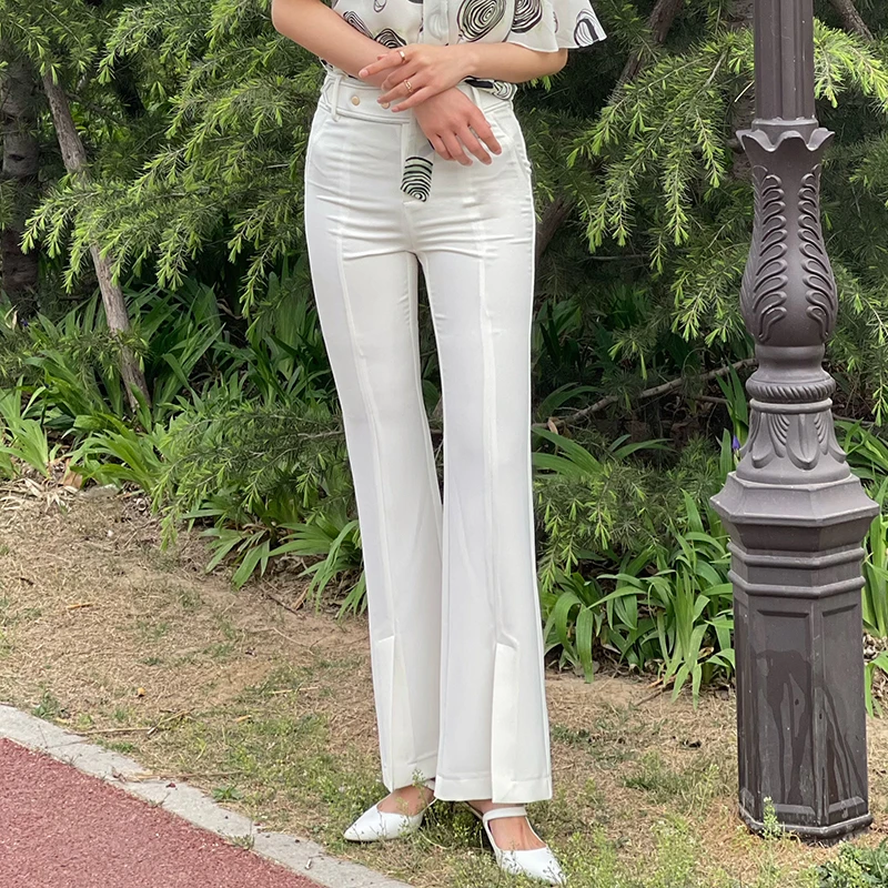 纯色前开叉休闲微喇裤女8A110265