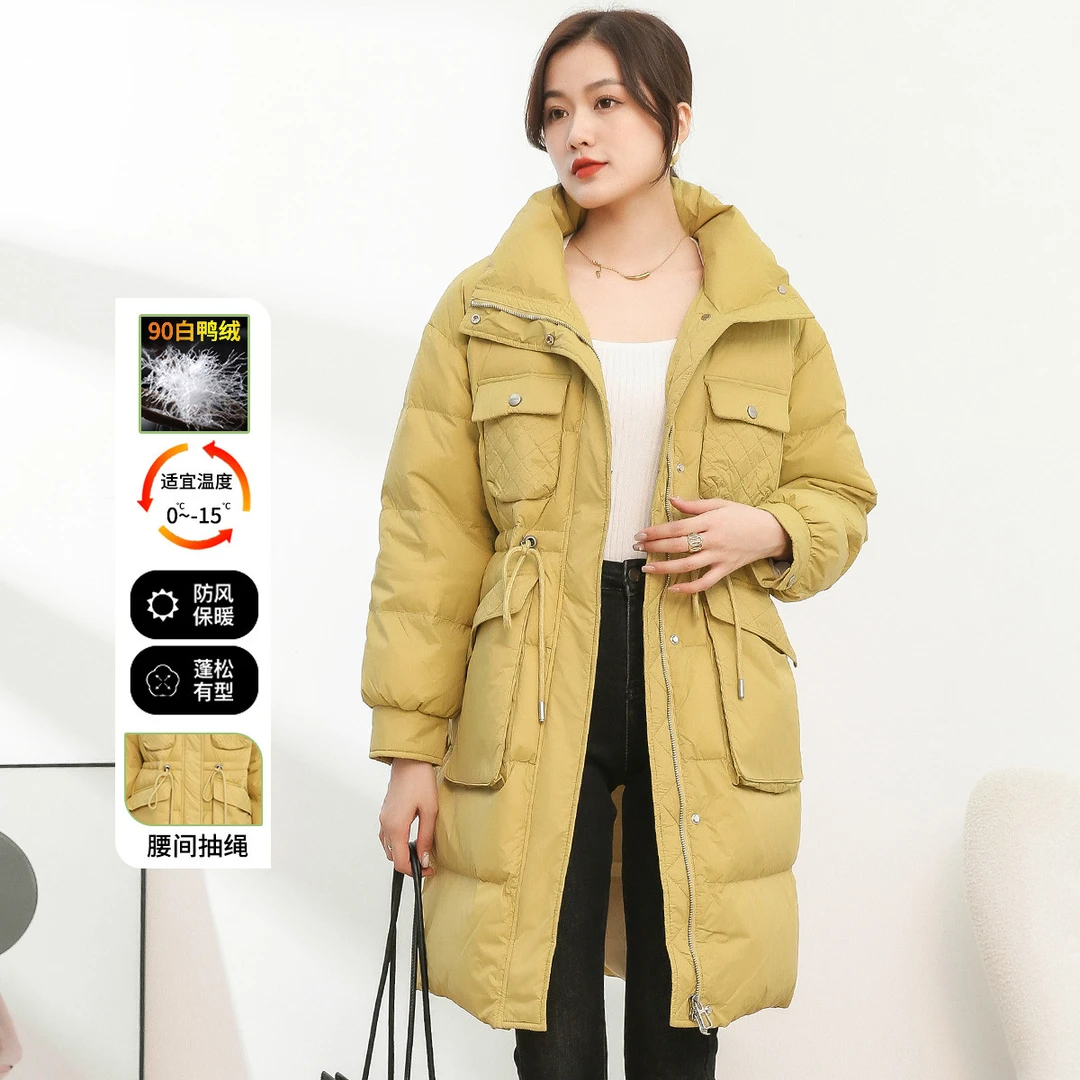 90白鸭绒立领抽绳收腰中长款女式羽绒服冬保暖外套ID958163
