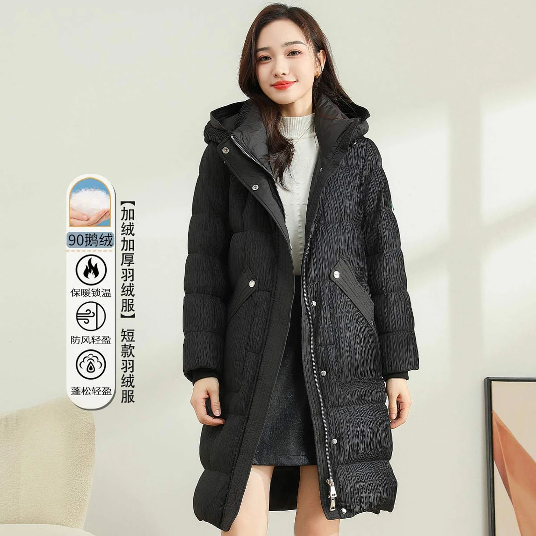 90绒冬季连帽长款加绒加厚女式鹅绒羽绒服TD558171