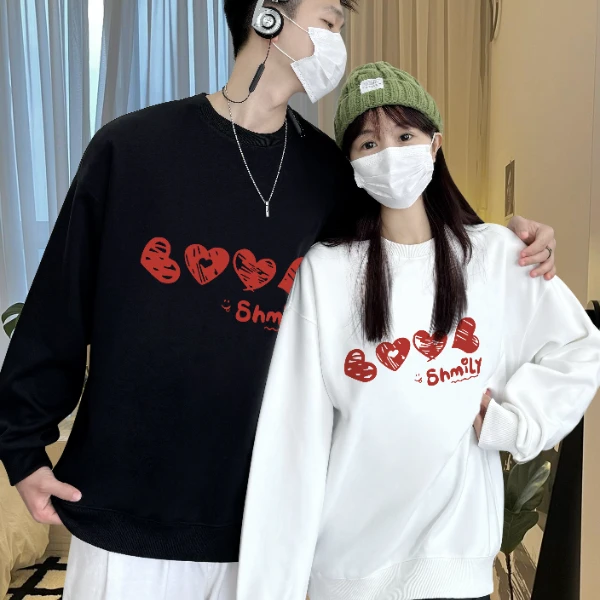 【两件装】情侣卫衣创意爱心印花潮流韩版宽松百搭休闲圆领显瘦上衣