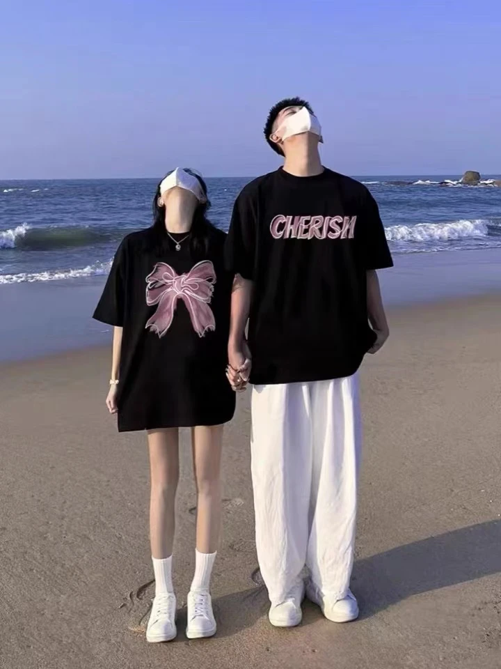 创意简约英文字母蝴蝶结情侣装280克纯棉时尚休闲百搭短T恤两件装