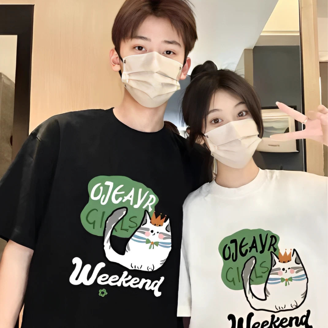 【两件装】不一样时尚情侣装280g重磅纯棉夏季皇冠猫咪宽松情侣短袖