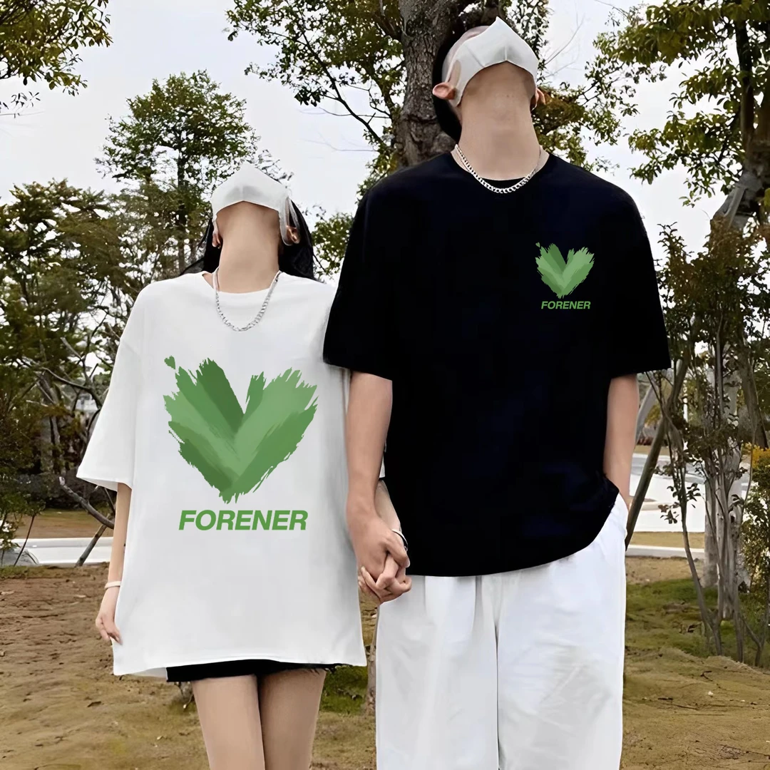 【两件装】issnayas绿色英文爱心夏季280g纯棉宽松休闲潮流情侣短袖
