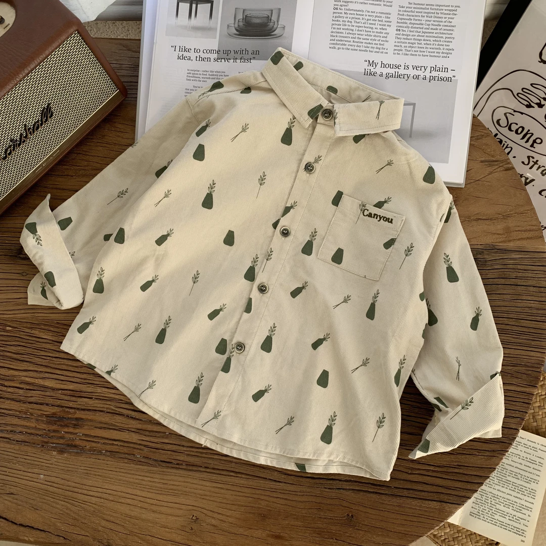 【棉烊灯芯绒印花衬衫】中小童儿童春秋季简约韩系风花衬衫