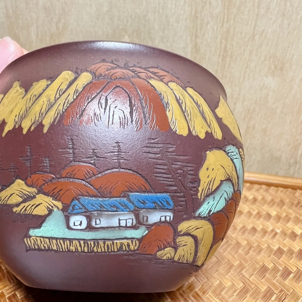 1345宜兴紫砂石红紫砂高档主人杯刻绘彩绘山水型紫砂杯大肚精美