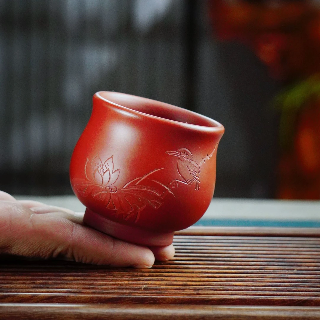 7501和气养神宜兴紫砂大红袍全手工刻绘花鸟主人杯品茗杯大肚杯