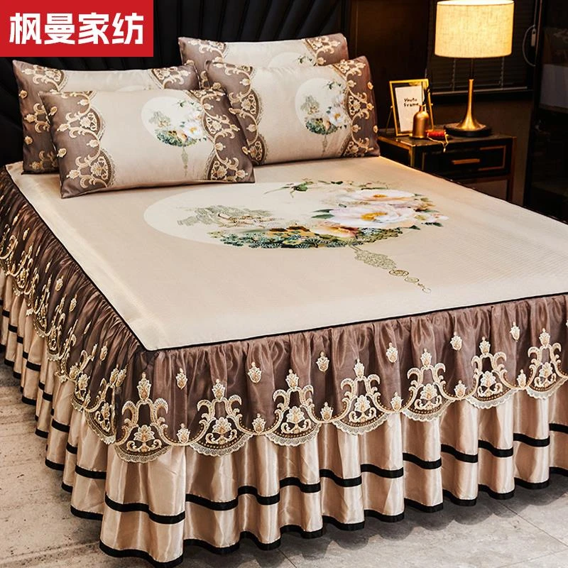 夏季欧式蕾丝床裙款冰丝凉席三件套可机洗花边床罩1.8m床单套防滑