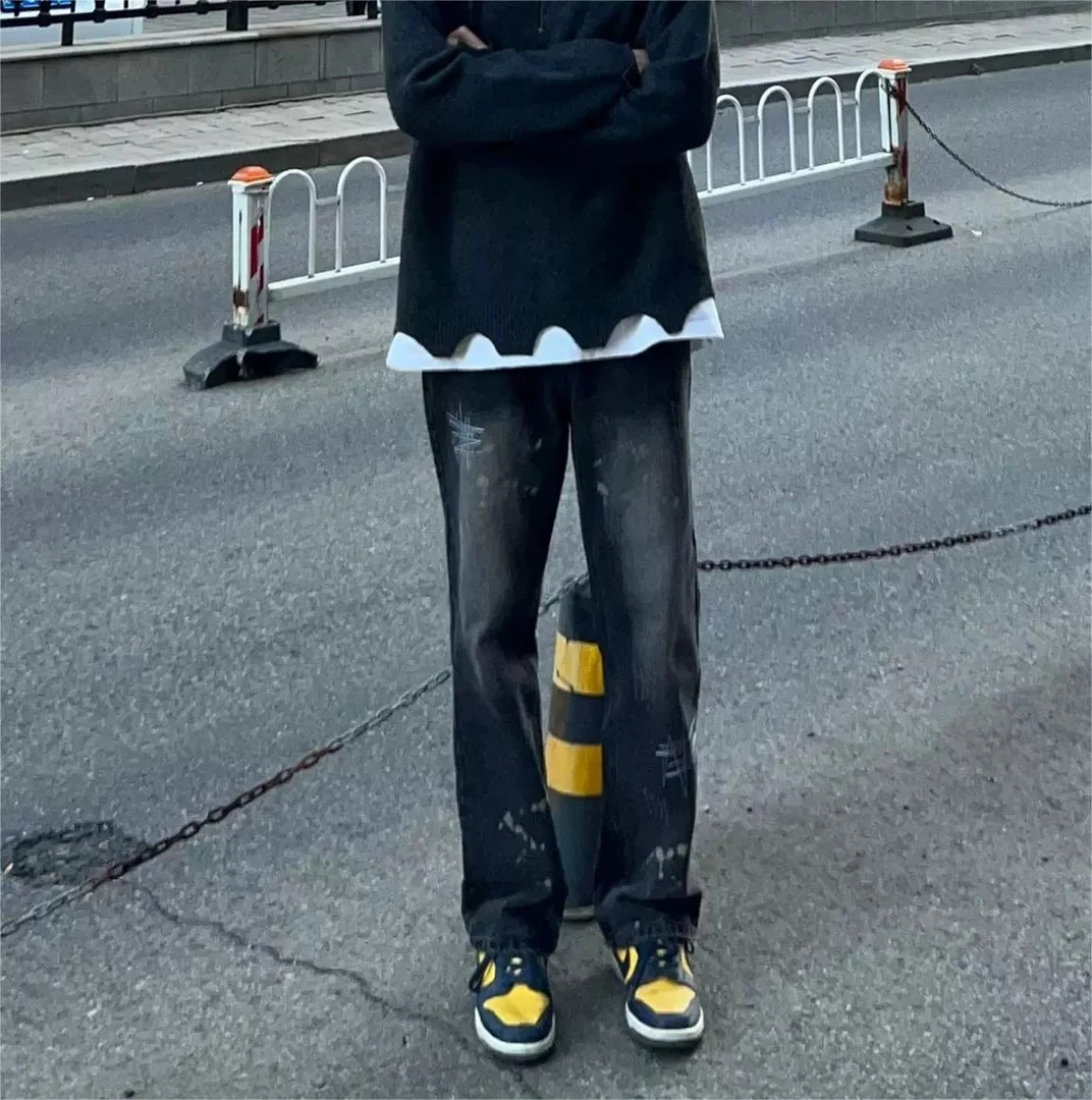 美式高街hiphop泼墨刺绣设计感复古黑色牛仔裤男宽松直筒垂感裤子