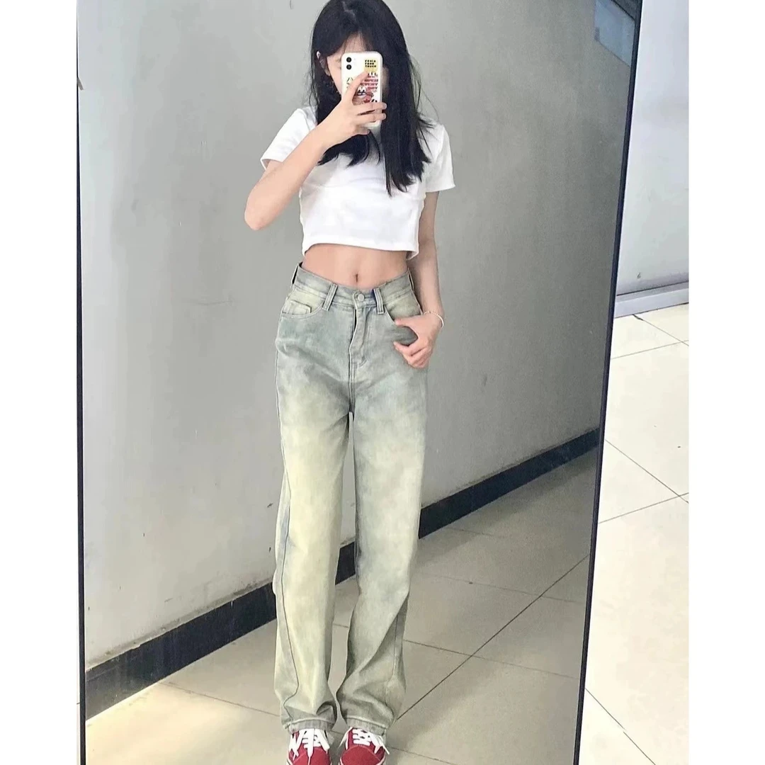 黄泥染牛仔裤男女款中腰美式街头水洗做旧拖地直筒长裤高街潮ins