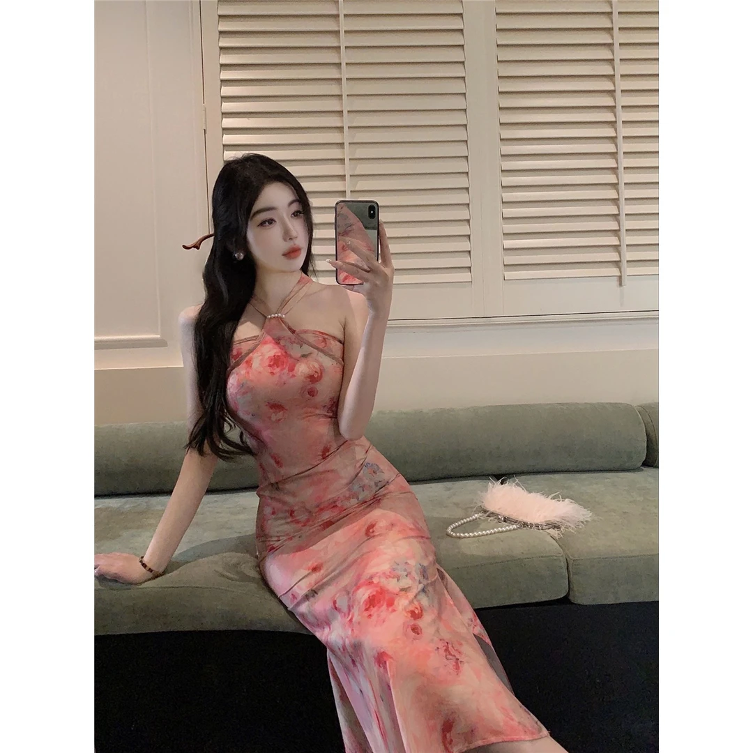 娜娜~新中式复古挂脖改良旗袍连衣裙女修身长款气质开叉包臀裙子