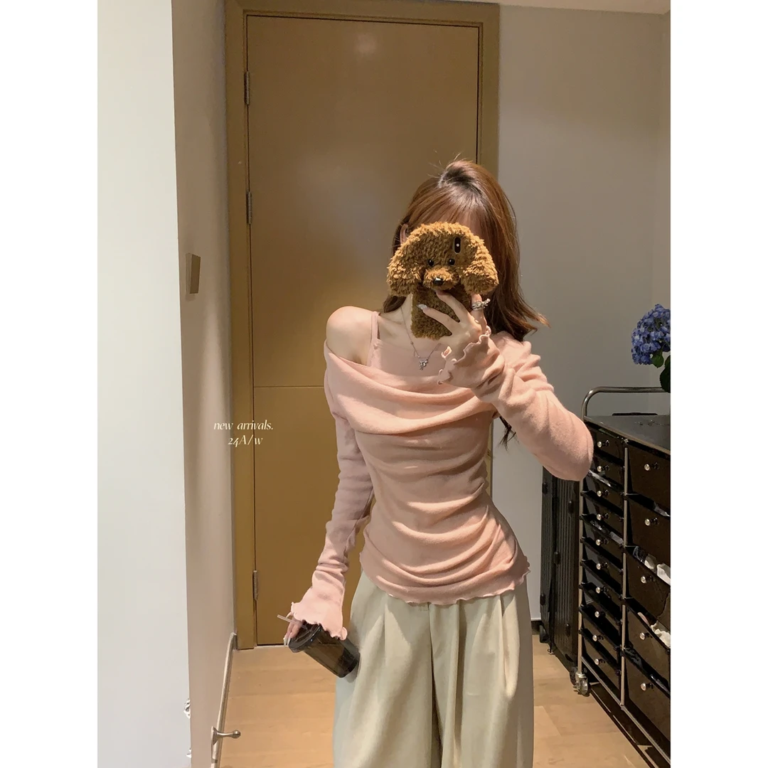 秋冬韩版百搭温柔荡领木耳边褶皱显瘦假两件长袖针织打底上衣女装