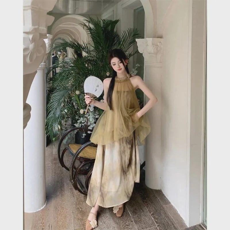 泰式挂脖小众高级感女时尚夏季设计感假两件气质网纱雪纺长裙子