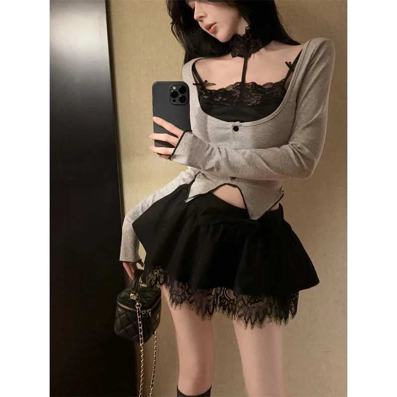 纯欲辣妹蕾丝拼接设计感不规则长袖显瘦高腰蝴蝶结蓬蓬裙套装女冬