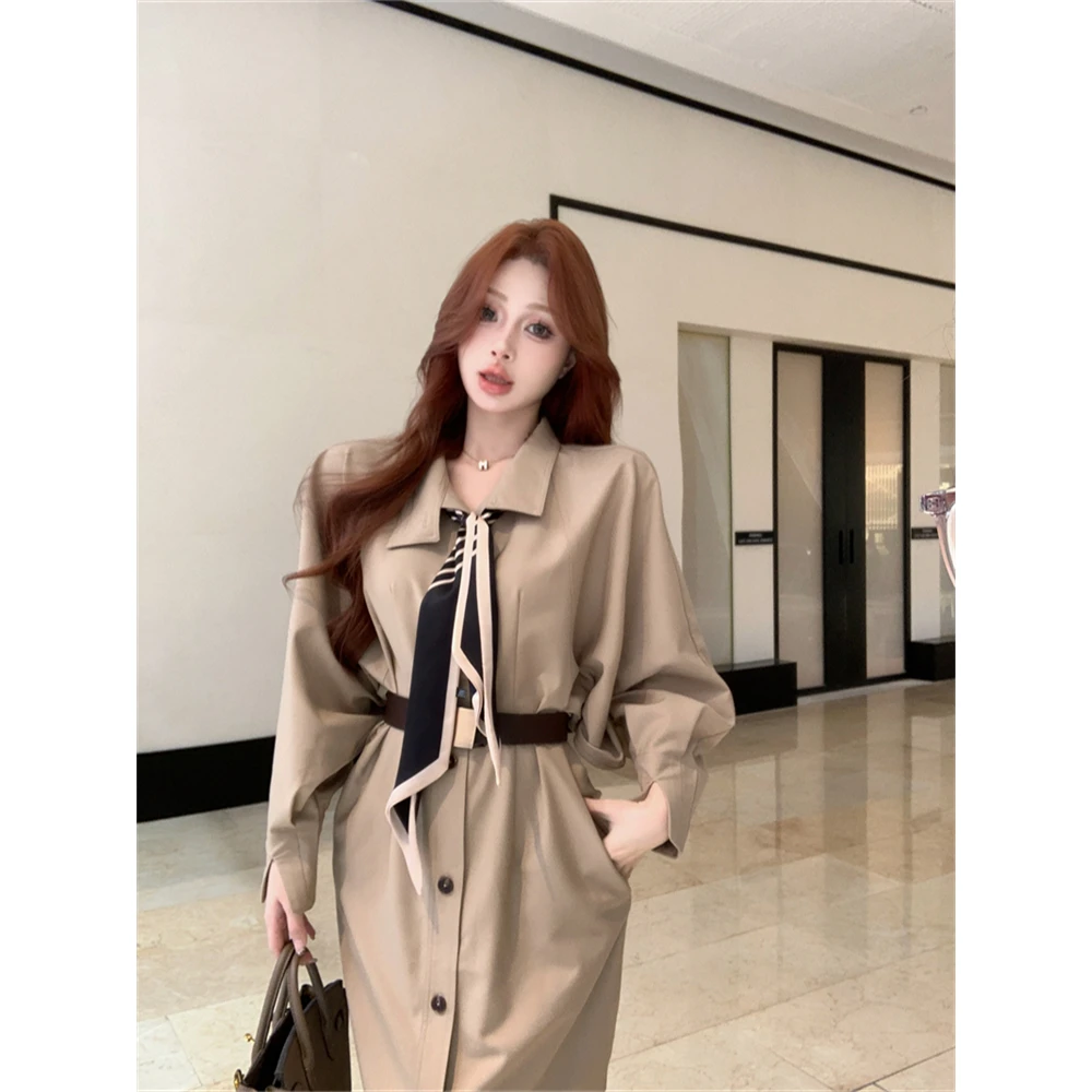 高级感立领长袖风衣式连衣裙女法式宽松显瘦长款收腰百搭气质外套