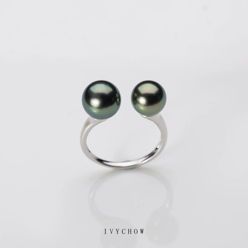 IVYCHOW【卡卡推荐】天然海水大溪地孔雀绿双珠18k戒指8-10mm
