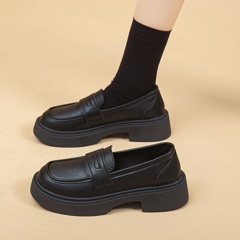 厚底乐福鞋女2025春秋新款软底软面百搭英伦风小皮鞋圆头黑色单鞋