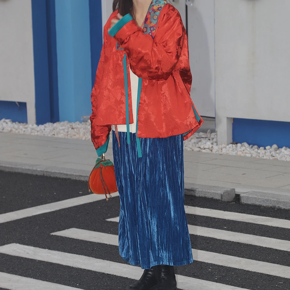 谜阿凰宝蓝色丝绒半裙改良汉服复古中国风秋冬撞色垂感显瘦汉元素