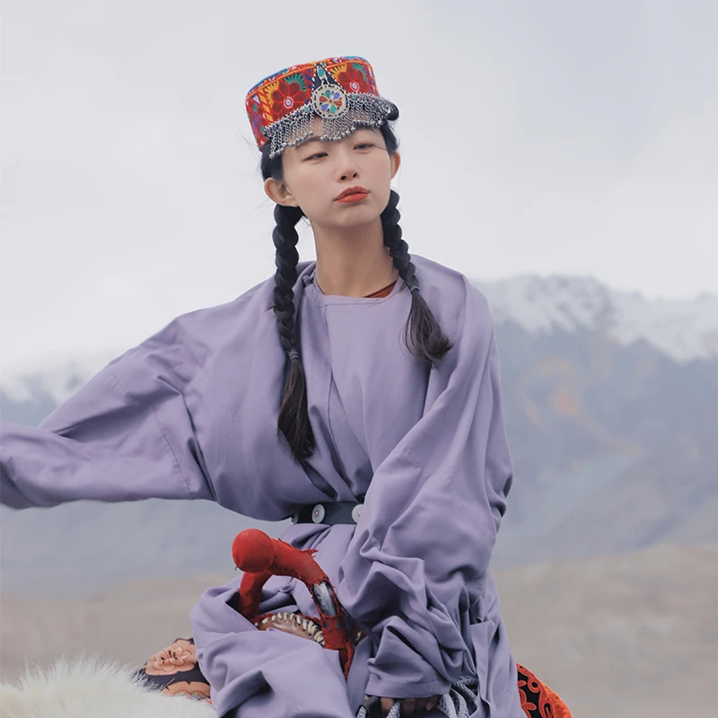 众乐紫圆领袍日常百搭汉服篾黄国风宽松纯色长袖女士