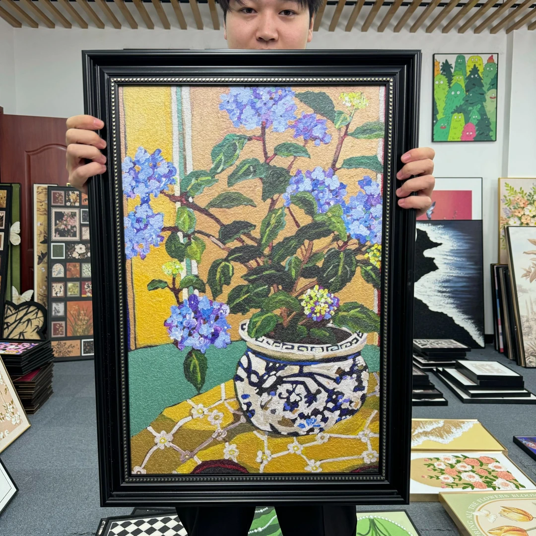 砂岩复古花瓶卉客厅装饰画中古风植物蓝色花卉玄关挂画5070
