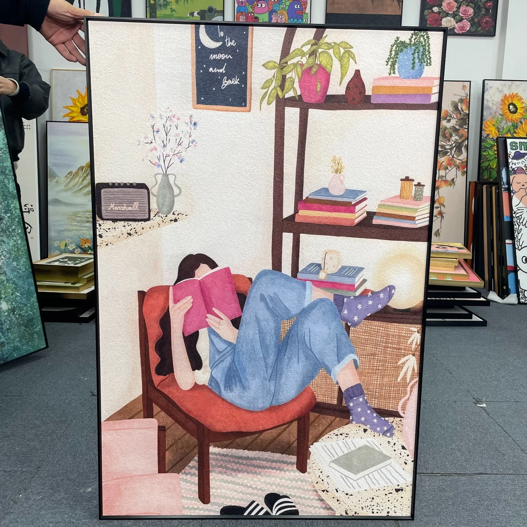 现代ins风看书女孩客厅装饰画客厅画高级感沙发背景画80120