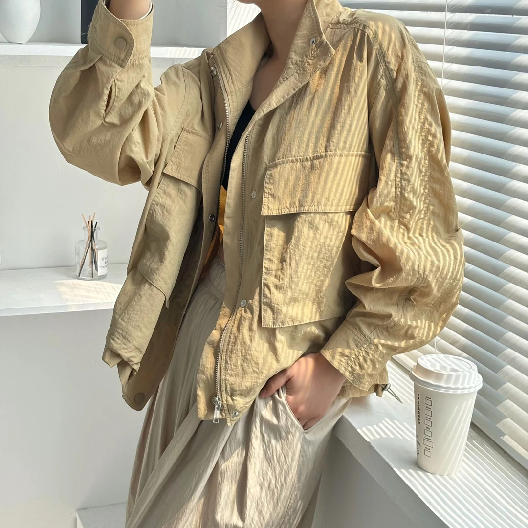 春夏季新款时尚洋气百搭宽松休闲洋气大口袋长袖短韩版外套女