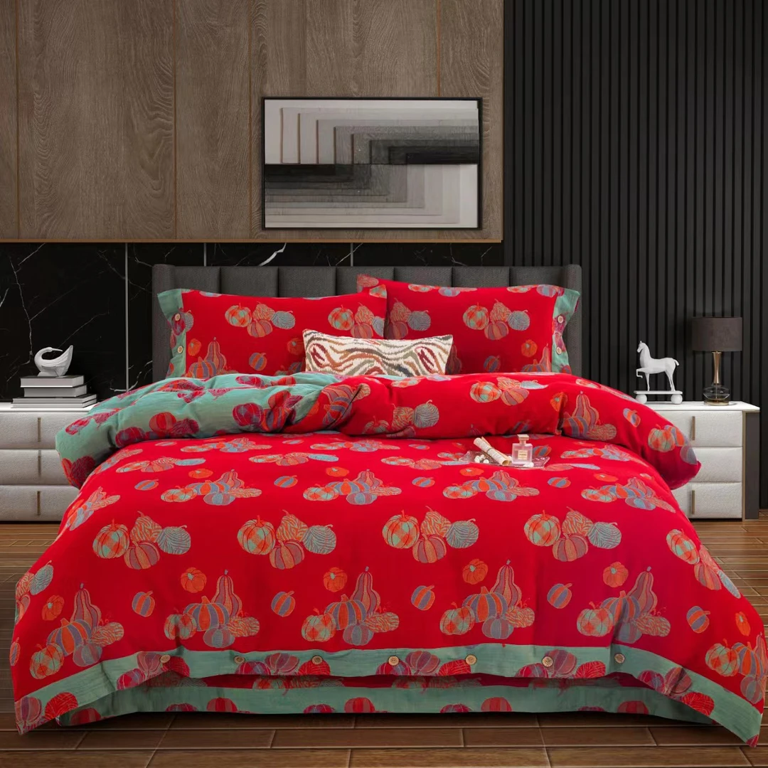 【南瓜红】全棉色织提花双层纱床上用品全棉四件套爆款复古