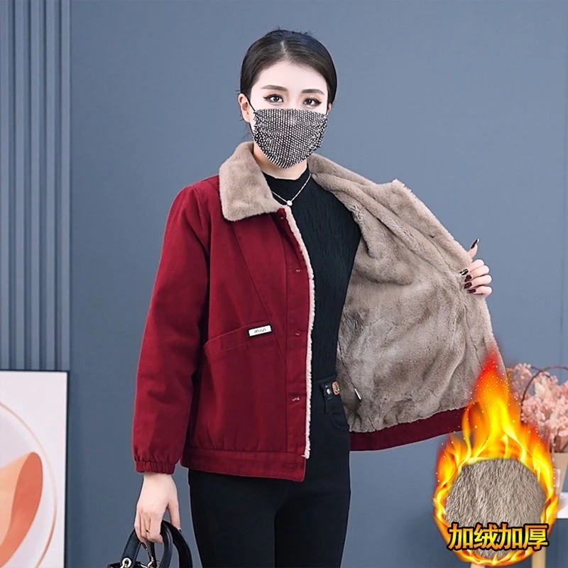 冬季大码宽松休闲夹克服外套女时尚妈妈装棉衣加绒加厚保暖棉袄
