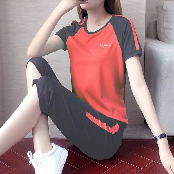 胖MM休闲运动套装女2025夏季新款学生宽松短袖七分裤大码两件套