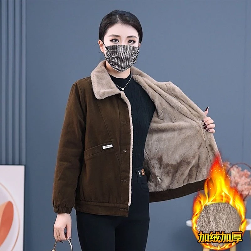 大码宽松休闲夹克服短外套女时尚中老年妈妈装棉衣加绒加厚保暖