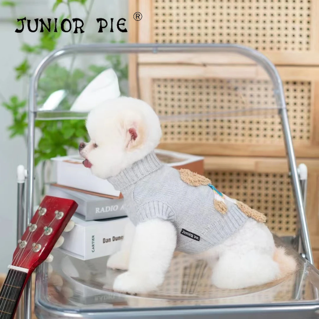Junior Pie宠物衣服狗狗2023秋冬新款小熊无袖毛衣泰迪小型犬高领